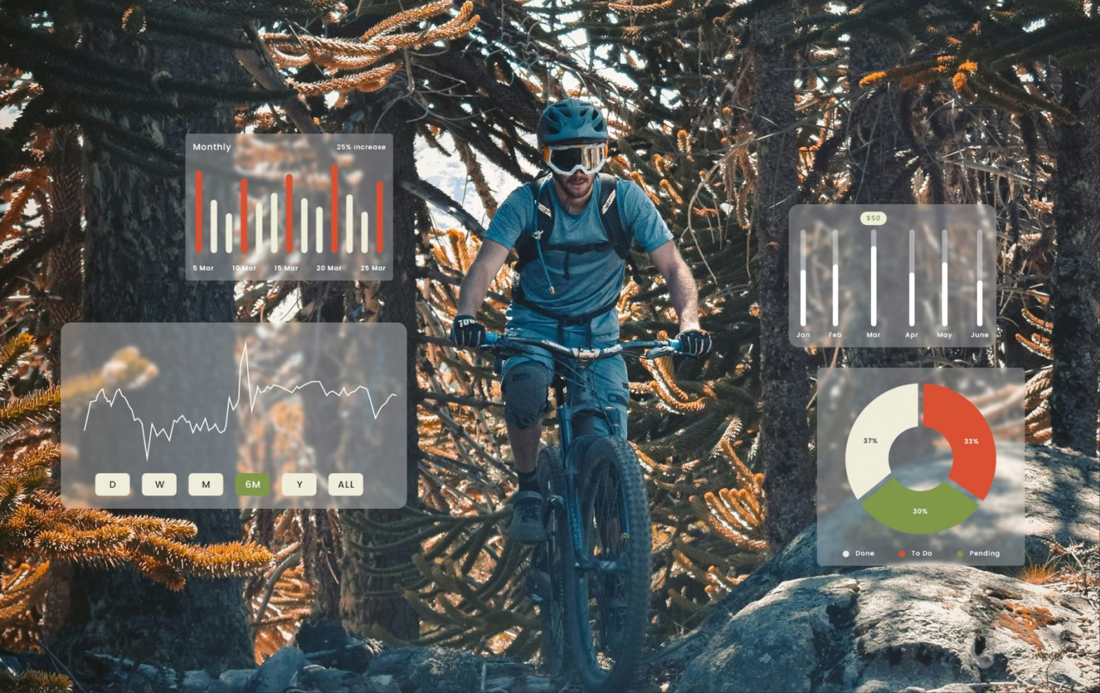 Analytics guy riding bike with data