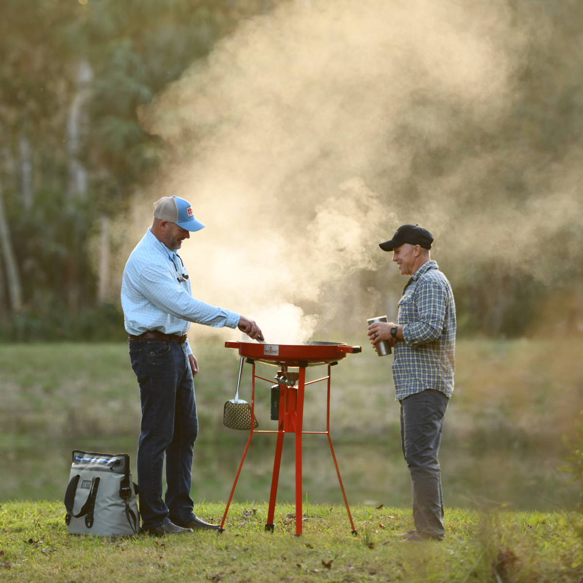 Camping-Analytics guys cooking at campsite
